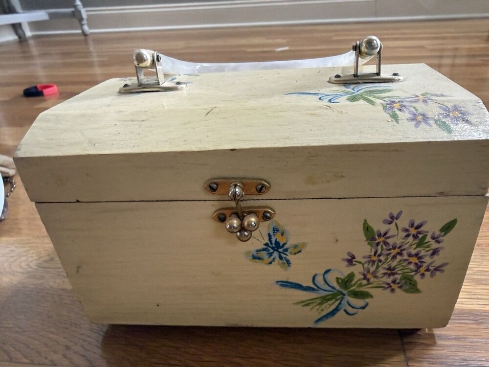 Vintage 1970s Wooden Box Purse Handbag Floral  Hand Painted